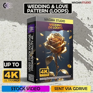Op de afbeelding: Een productdoos voor "Wedding & Love Pattern (Loops)" video stock footage. De doos heeft een gouden rozenillustratie en de tekst "4K Ultra HD". Het product is van Magma Studio.