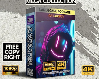 May include: A product box with the text "1000++ MEGA COLLECTION" and "LANDSCAPE FOOTAGE (V) LOOPS". The box also features the text "VIDEO STOCK FOOTAGE PREMIUM QUALITY 4K" and "1080p FULL HD 4K ULTRAHD". The image includes the words "FREE COPY RIGHT".