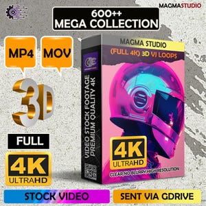 Op de afbeelding: Een productdoos met de tekst "600++ MEGA COLLECTION" en "MAGMA STUDIO (FULL 4K) 3D VJ LOOPS." De doos heeft een neonroze en blauwe helm-afbeelding. Extra tekst bevat "VIDEO STOCK FOOTAGE PREMIUM QUALITY 4K" en "4K ULTRAHD."