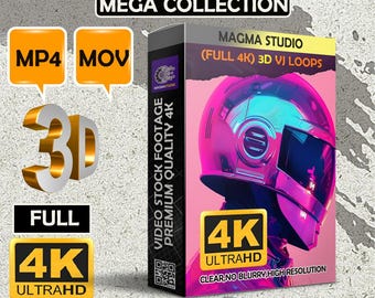 May include: A product box with the text "600++ MEGA COLLECTION" and "MAGMA STUDIO (FULL 4K) 3D VJ LOOPS." The box features a neon pink and blue helmet graphic. Additional text includes "VIDEO STOCK FOOTAGE PREMIUM QUALITY 4K" and "4K ULTRAHD."