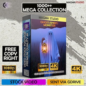 May include: A product box with the text "1000++ MEGA COLLECTION" and "MAGMA STUDIO GHOST/SPIRIT/MONSTER". The box features a ghost holding a lantern. Text includes "VIDEO STOCK FOOTAGE PREMIUM QUALITY 4K", "FREE COPY RIGHT", and "1080p FULL HD".
