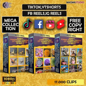 May include: An advertisement for video content packages for TikTok, YouTube Shorts, and Instagram Reels. The image features three boxes with content categories: Handicraft, ASMR, and Funny Animal content. The boxes have the text "Auto Viral" and "Premium Clear & No Blurry".