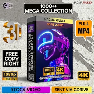 Puede incluir: Una caja de producto para los bucles VJ 3D de Magma Studio, con un diseño de auriculares VR futurista. La caja destaca imágenes de vídeo 4K Ultra HD, con el texto "1000++ MEGA COLLECTION". Etiquetas adicionales indican "Free Copy Right" y "Full MP4".