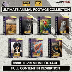 Könnte beinhalten: Eine Sammlung von Videomaterialboxen mit verschiedenen Tieren, darunter ein Löwe, ein Gorilla, ein Papagei, eine Katze, ein Hund, ein Fisch und ein Tiger. Die Boxen zeigen "ULTIMATE ANIMAL FOOTAGE COLLECTION" und "9000+++ PREMIUM FOOTAGE".