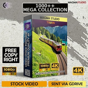 Puede incluir: Una caja de producto rectangular etiquetada como Magma Studio Train 1000++ Mega Collection. La caja muestra un tren rojo y blanco sobre vías en un paisaje de montaña verde. El texto incluye Video Stock Footage Premium Quality 4K, 1080p Full HD, 4K UltraHD, Free Copy Right y Sent Via GDrive.