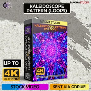Op de afbeelding: Een productdoos met de tekst "KALEIDOSCOPE PATTERN (LOOPS)" en "MAGMA STUDIO". De doos heeft een levendig, kleurrijk kaleidoscoopontwerp. De doos heeft ook de tekst "UP TO 4K ULTRAHD" en "VIDEO STOCK FOOTAGE PREMIUM QUALITY 4K".
