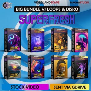 以下が含まれることがあります： Magma Studio の「Big Bundle VJ Loops & Disko」のプロモーション画像。鮮やかなグラフィックが施された製品ボックスがいくつか表示されています。ボックスには「Superfresh」、「Stock Video」、「Sent via GDrive」などのテキストと、1080pおよび4K解像度の詳細が表示されています。