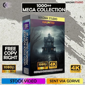 May include: A digital download of 1000+ stock video footage clips in 1080p and 4K resolution. The image shows a haunted house in a dark forest with the text "MAGMA STUDIO HAUNTED" on the cover. The text "FREE COPY RIGHT" is also visible.
