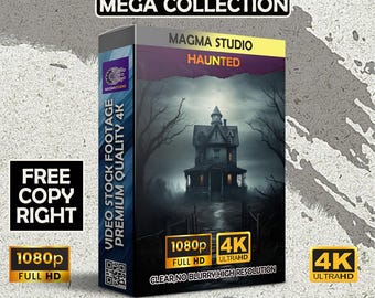 Op de afbeelding: Een digitale download van meer dan 1000 stock video footage clips in 1080p en 4K resolutie. De afbeelding toont een spookhuis in een donker bos met de tekst "MAGMA STUDIO HAUNTED" op de cover. De tekst "FREE COPY RIGHT" is ook zichtbaar.