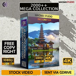 May include: A rectangular product box for a 2000++ Mega Collection of stock video footage. The box features a photograph of a multi-tiered temple in Indonesia, with text labels including 1080p Full HD, 4K UltraHD, and Magma Studio branding.