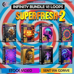 Könnte beinhalten: Werbebild für "Infinity Bundle VJ Loops" mit Boxen zu Themen wie Halloween und Mandala Pattern, mit "4K" und "1080p" Auflösungsoptionen. Die Boxen zeigen "MAGMA STUDIO". Der Text "SUPERFRESH 2" ist deutlich sichtbar.