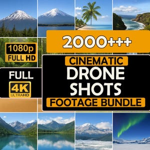 Puede incluir: Un collage de imágenes de paisajes escénicos, que incluyen montañas, lagos y vistas costeras. La imagen también presenta texto que dice "2000+++", "Cinematic Drone Shots Footage Bundle", "1080p Full HD" y "Full 4K Ultra HD".