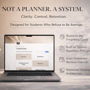 May include: A laptop displaying a digital planner interface with the text "NOT A PLANNER. A SYSTEM." and "Designed for Students Who Refuse to Be Average." A glass of water with cucumber slices sits to the left. The screen shows "FRAMEWORK" and other options.