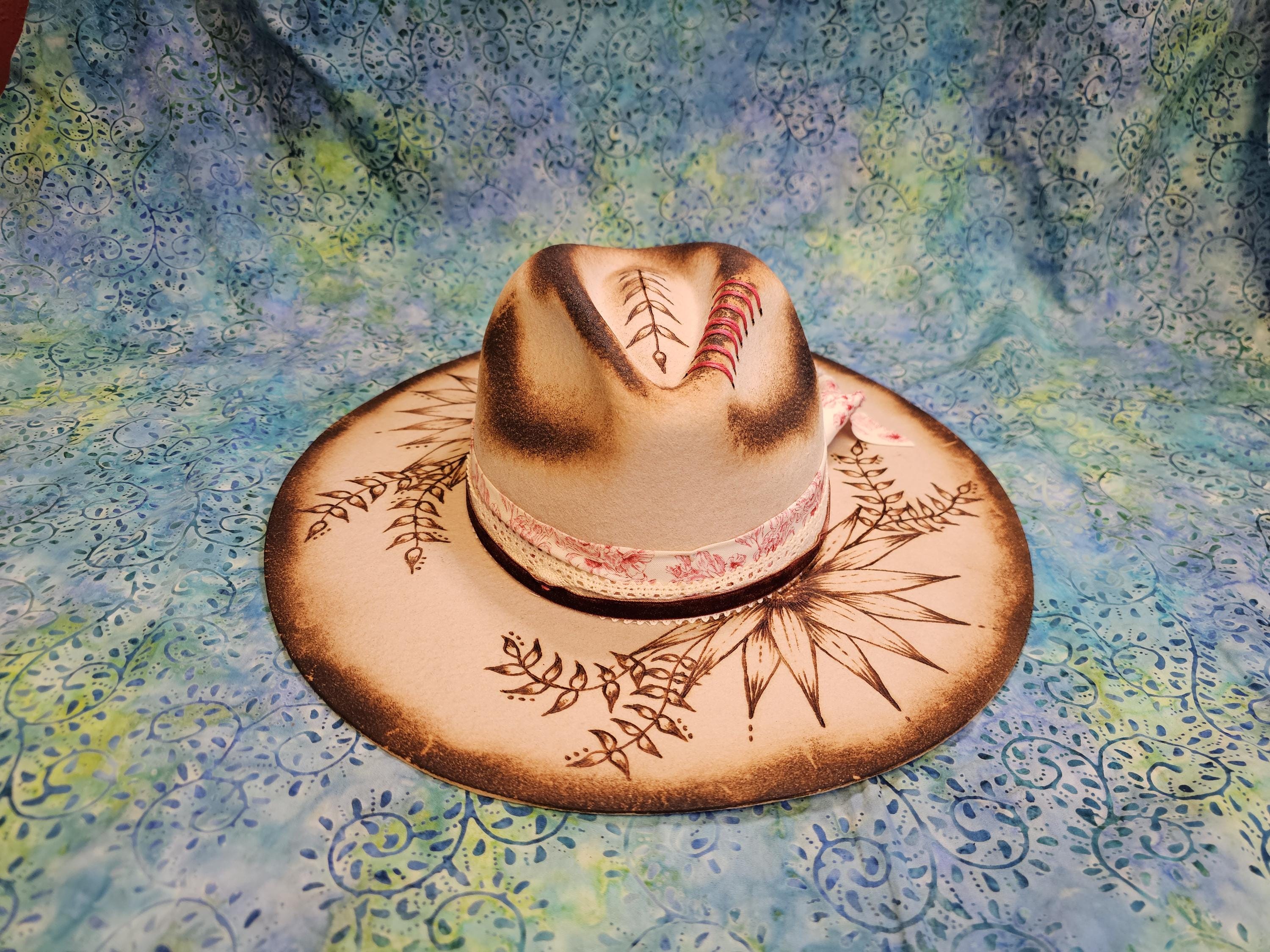 One of a kind burned felt Tan Hat Cozy, custom, and one-of-a-kind ?✨ This tan felt hat is  main image 2