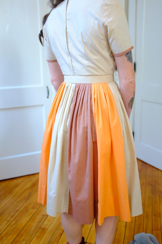 50's Color Block Autumn Orange Brown Beige Belted… - image 3