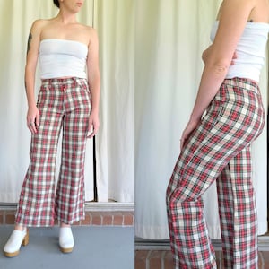 70&#39;s Plaid Wide Leg pants Vintage School Girl Pants 1970&#39;s Red Plaid No Back Pockets Petite Mid Rise Trousers Woven 70s Pants XS