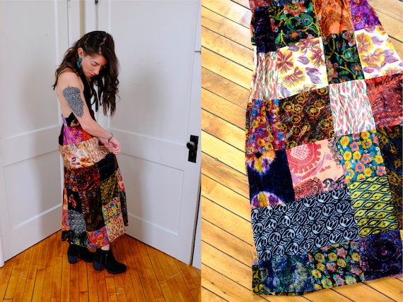 70's Boho Festival Silk Velvet Patchwork Skirt-Sma