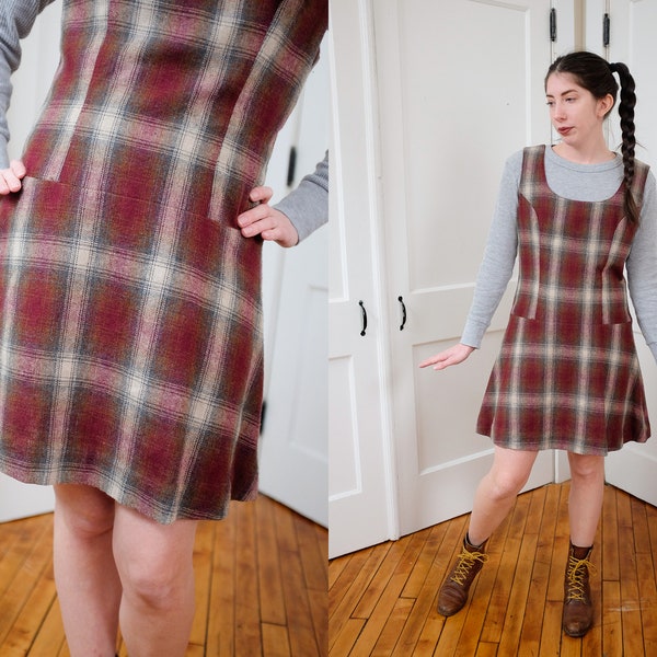 Vintage Plaid Wool Jumper Medium 60's School Girl Mod Dress Fall Drop Waist Vintage Red Flannel Jumper Mini Dress Medium M