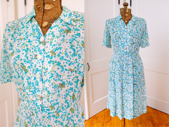 40's Vintage Sheer Blue Green Floral Collared A-Li