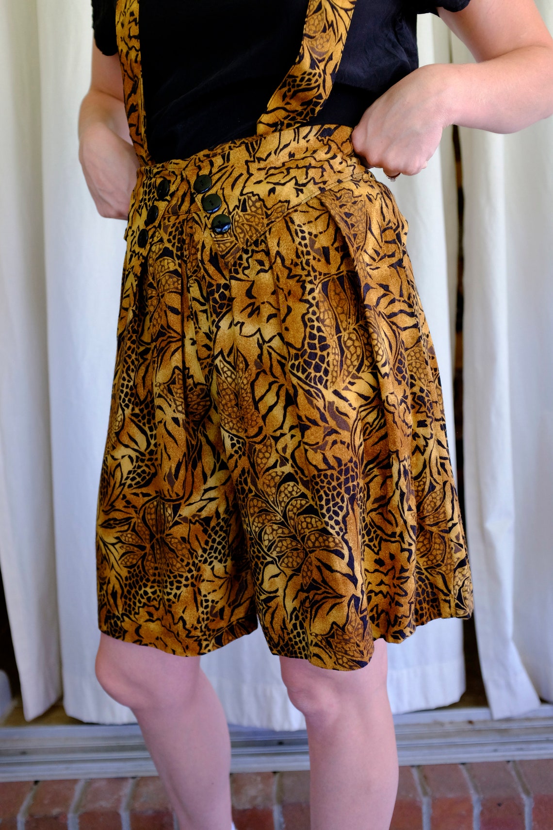 80's 90's Jungle Rayon Shortalls Vintage Suspender Shorts Tropical ...