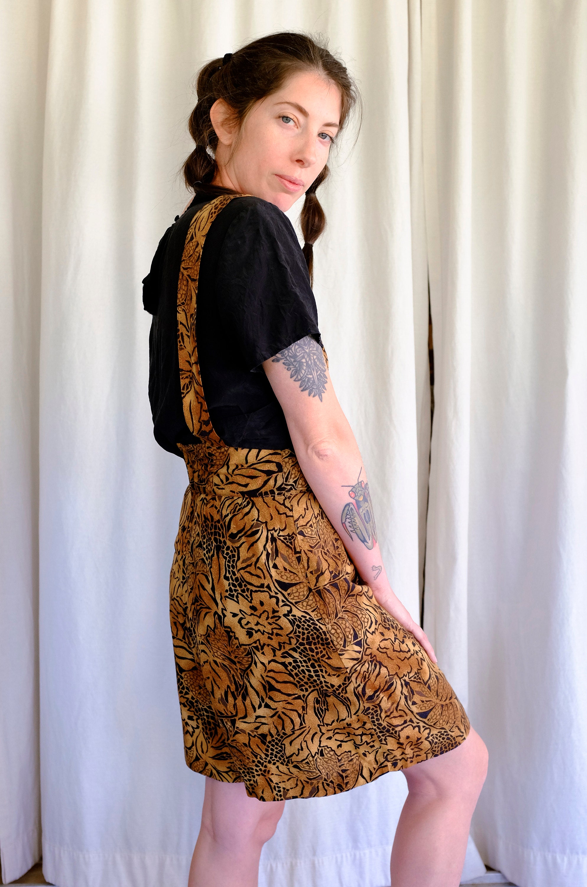 80's 90's Jungle Rayon Shortalls Vintage Suspender Shorts Tropical ...