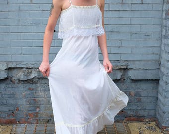 70s White Gauze Summer Dress Wedding-XS Small