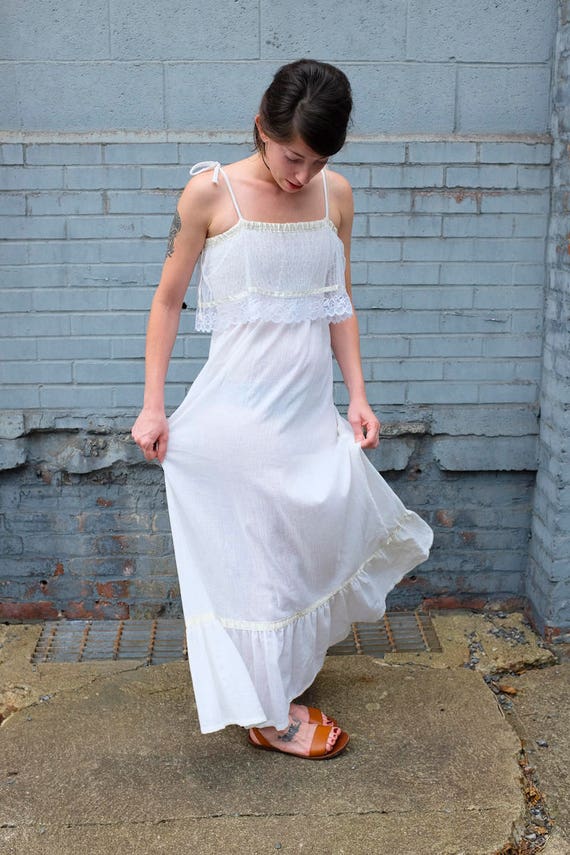 70s White Gauze Summer Dress Wedding-XS Small