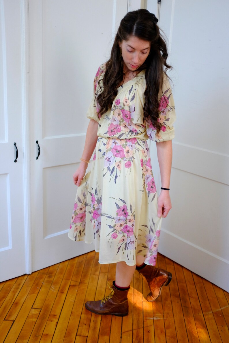 70's Sheer Floral Peasant Dress Elastic Waist V-neck -SMALL MEDIUM - Etsy