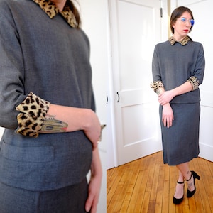 1940&#39;s 40&#39;s True Vintage Pin Up Rockabilly Slate Gray Cheetah Print Skirt Business Lady Suit Set-Small