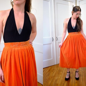 50's Orange Velvet Midi Skirt, 1950's 50's Rhinestone Velvet Formal Skirt, Vintage Orange Halloween Skirt 24" Waist XS