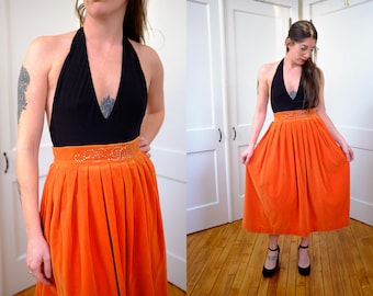 50's Orange Velvet Midi Skirt, 1950's 50's Rhinestone Velvet Formal Skirt, Vintage Orange Halloween Skirt 24" Waist XS