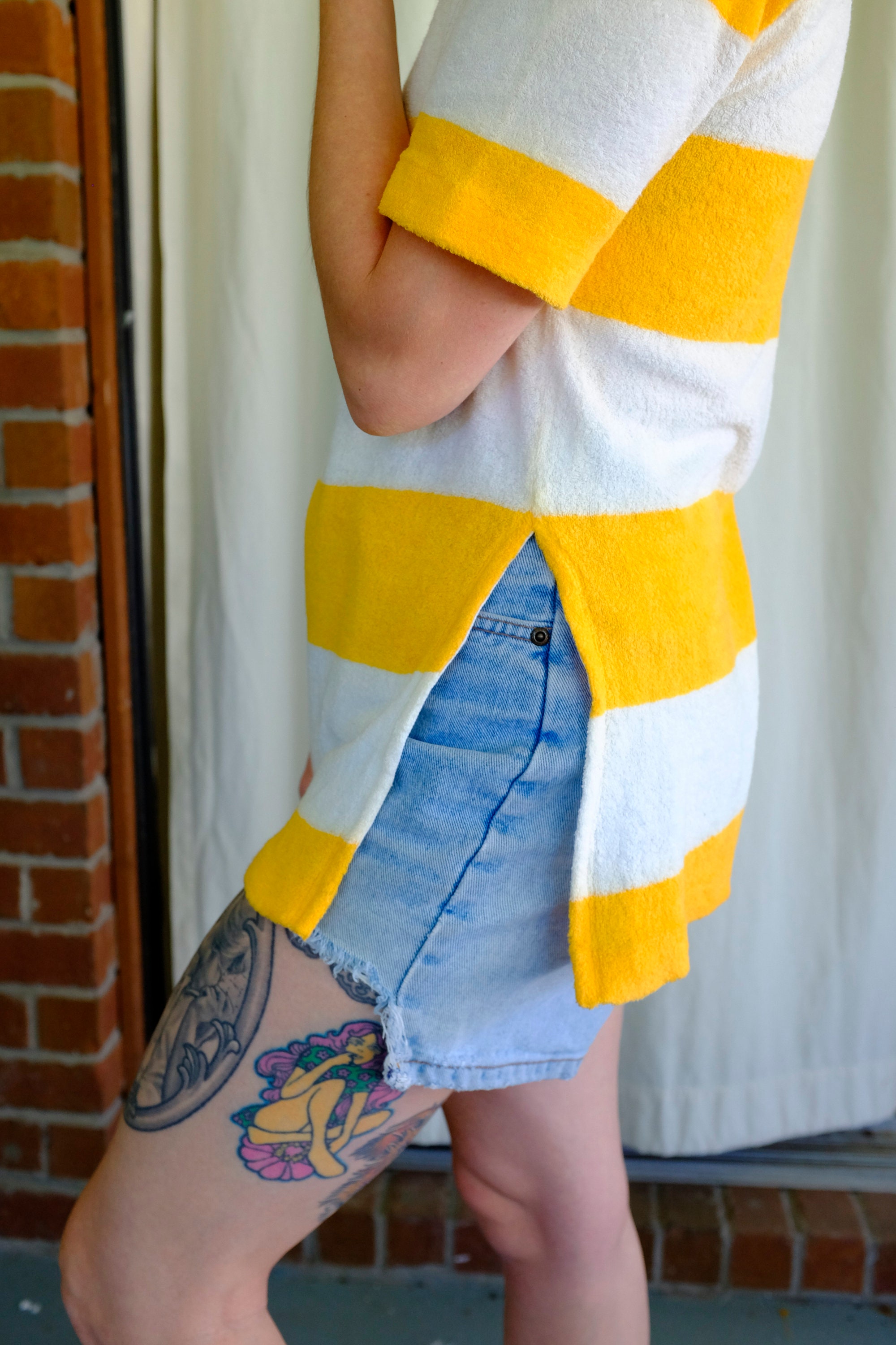 70's Yellow and White Striped Terry Cloth Tunic Vintage Towel Shirt S ...