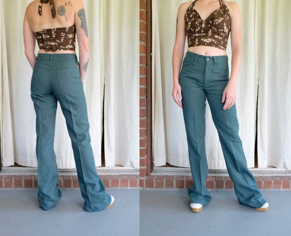 Vintage Woven Flared 70's Pants Tall 70's Bellbottoms 29 W Green Medium  Rise Vintage Pants Long 70s Farah Trousers 