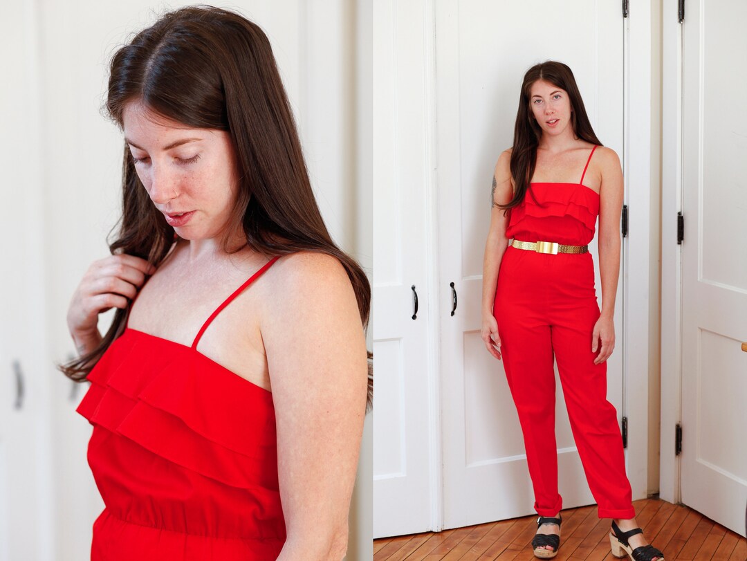 Red Cotton Ruffle Bust Spaghetti Strap Jumpsuit-xsmall - Etsy UK