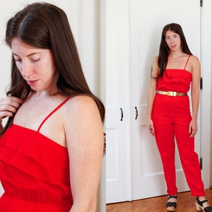 Red Cotton Ruffle Bust Spaghetti Strap Jumpsuit-XSmall