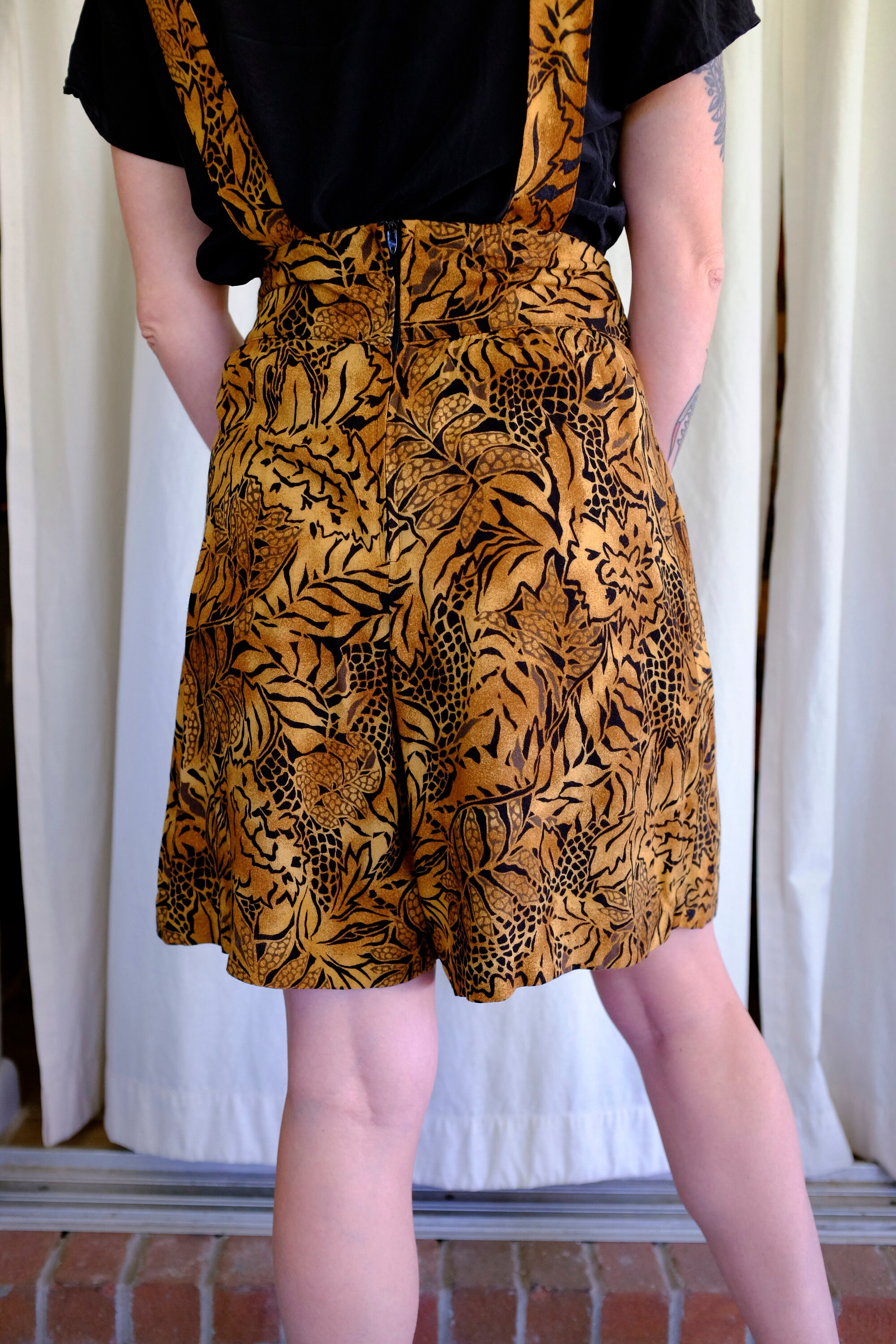 80's 90's Jungle Rayon Shortalls Vintage Suspender Shorts Tropical ...