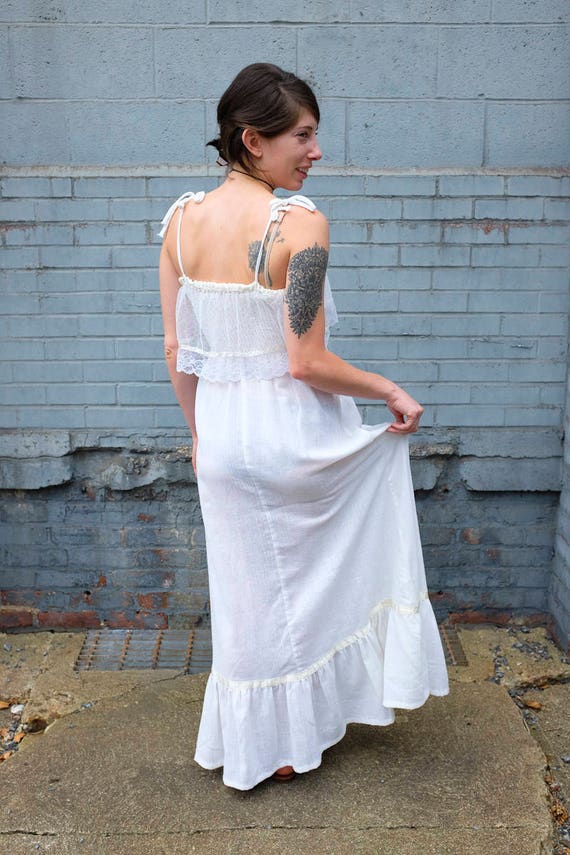 70s White Gauze Summer Dress Wedding-XS Small - image 10