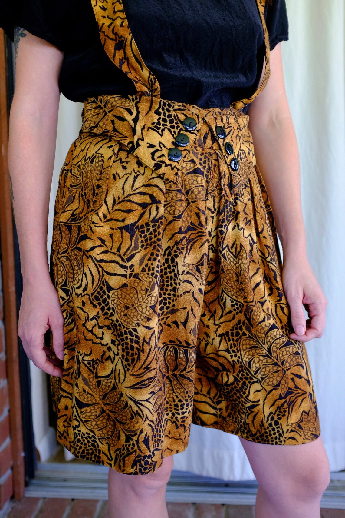 80's 90's Jungle Rayon Shortalls Vintage Suspender Shorts Tropical ...