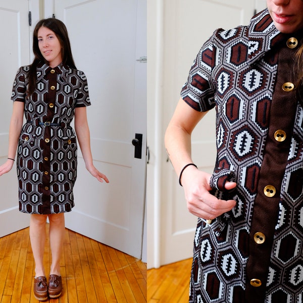 Mod Abstract Brown and Black Autumn Collared Polyester Short Sleeve Shirt Dress-Small Medium