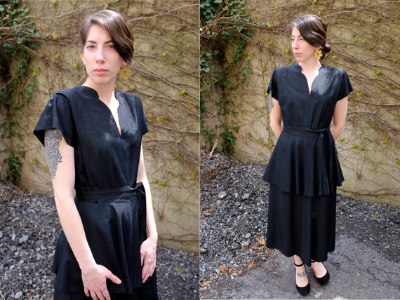 40's Black Peplum Moiré Dress/Small/Medium