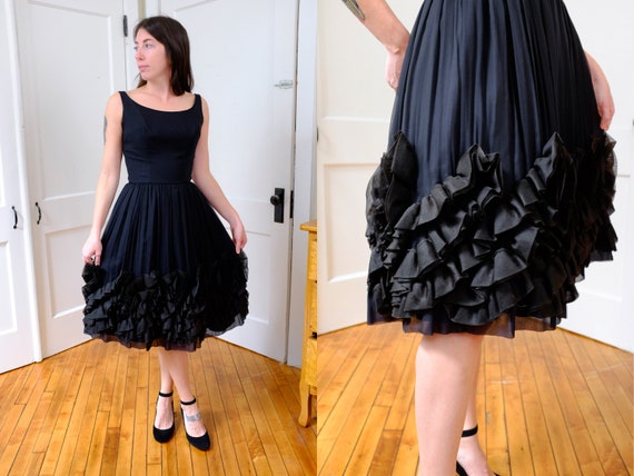 Black 60's Crinoline and Satin Sleeveless Ruffle P