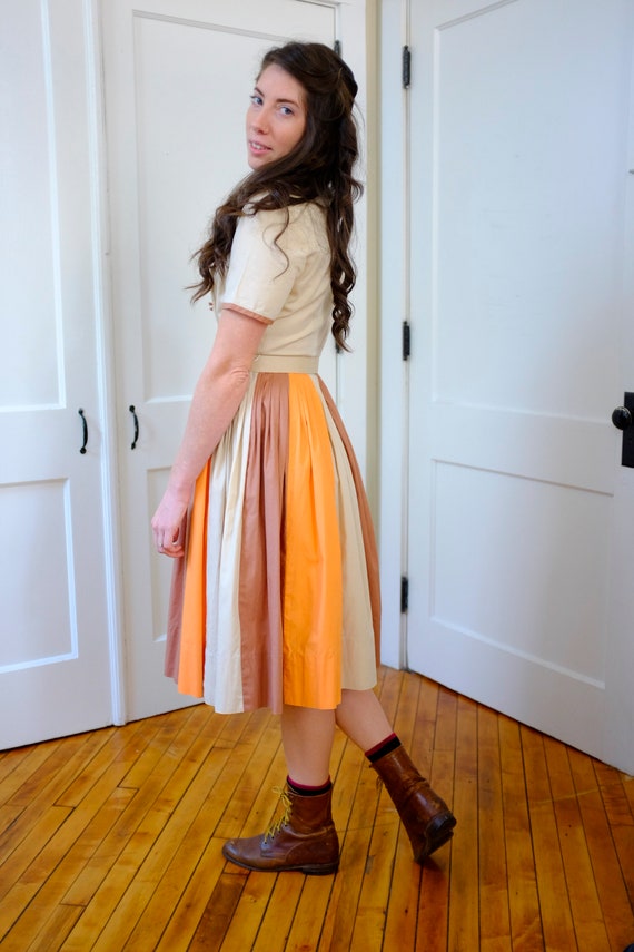 50's Color Block Autumn Orange Brown Beige Belted… - image 5