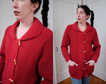 Ultra Comfy Knitted Acrylic Sweater, Medium Vintage Chunky Red Knit Toggle Front Cardigan, 1970's 80's Long Knit Oversized Warm Sweater