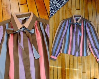 Mauve Striped 70's Secretary Blouse Leslie Fay/Small Striped Scarf Neck Blouse Small S Silky Vintage Top