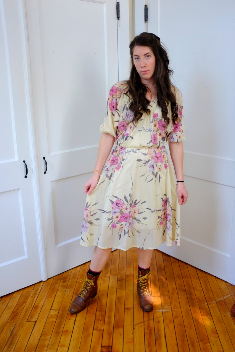 70's Sheer Floral Peasant Dress Elastic Waist V-neck -SMALL MEDIUM - Etsy
