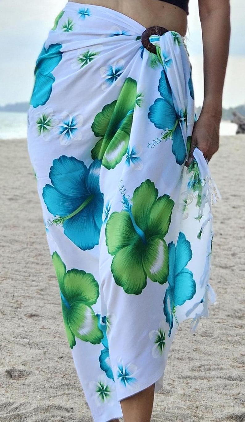 Abito Da Spiaggia Con Pareo Hawaiano Blu Gigante Di Ibisco, Luau - Foto 6