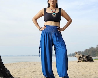 Blue Rayon Harem Pants: Boho Aladdin Style Yoga Pants