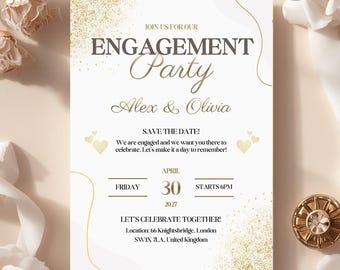 Gold Elegant Engagement or Wedding Party Invitation edible in Canva, Digital Download 5x7 inch