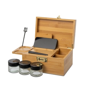 Bamboo Stash Box, Handmade Wooden Stash Box, Stash Box With 3 Glass Jars, Rolling Tray, Cleaning Brush, Storage Tube, Secret Stash Box
