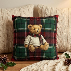 Vintage Teddy Bear Plaid Pillowcase,  Square Pillowcase, Christmas pillow